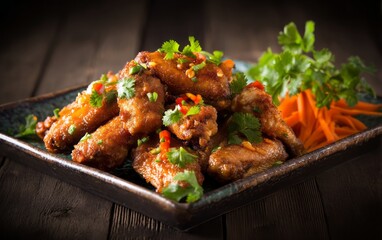 Fototapeta premium Crispy chicken wings with a spicy sauce and garnish.