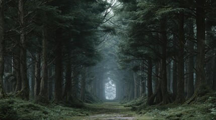 Obraz premium Misty forest path with symmetrical trees and ethereal light, creating a sense of wonder