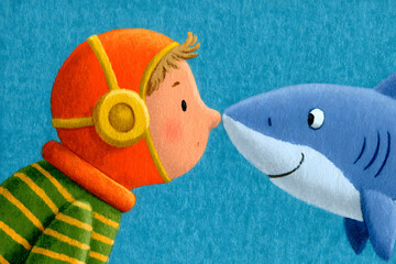 A little boy meeting a cute shark in the ocean. Children illustration, card, poster. 