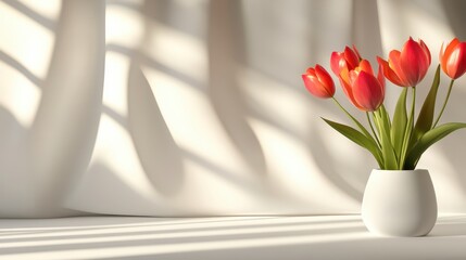 Bright tulips in a white vase casting shadows on a softly lit background, ideal for decor