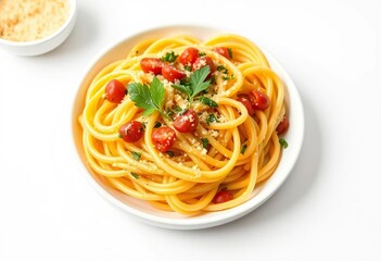 Perfectly cooked pasta on a pristine white background, light, closeup