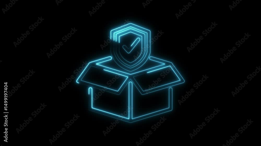 Poster secured delivery with neon style animation of box and security shield icon concept