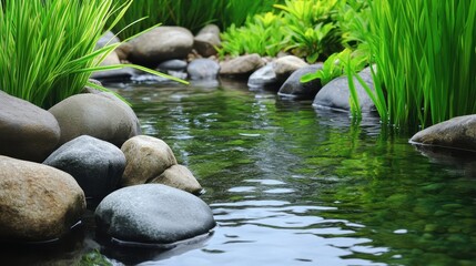 Serene stream surrounded by smooth stones and lush green plants in a tranquil setting