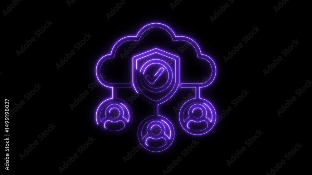 Poster neon cloud computing network with people connected and a secure data shield