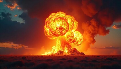 Fiery explosion with intense flames and smoke billowing Dramatic, high-energy shot , bright, impact crater, fiery cloud