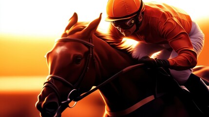 Jockey racing on a horse at sunset, showcasing speed and intensity in a competitive environment