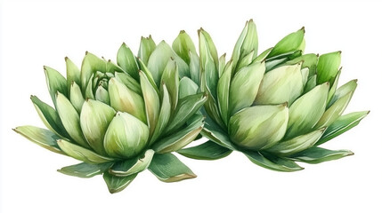 Fototapeta premium Fresh and organic green artichoke depicted in watercolor, set against a white background.