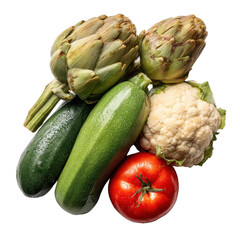 Fototapeta premium Fresh Farm Vegetables Two Artichokes Zucchini Cauliflower and Tomato Healthy Food Ingredients