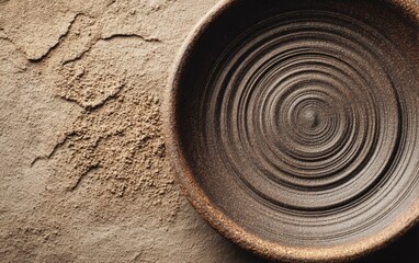 Naklejka premium Dark Brown Textured Clay Bowl on Powdered Surface