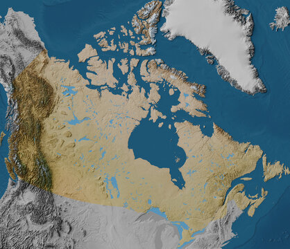 Canada terrain and bathymetry map with satellite imagery, blended colors and highlighted territories (Lambert conformal conic projection)