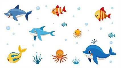 Colorful underwater creatures in a playful design.