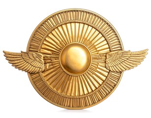 Golden round object with wings on white background showing intricate details and texture