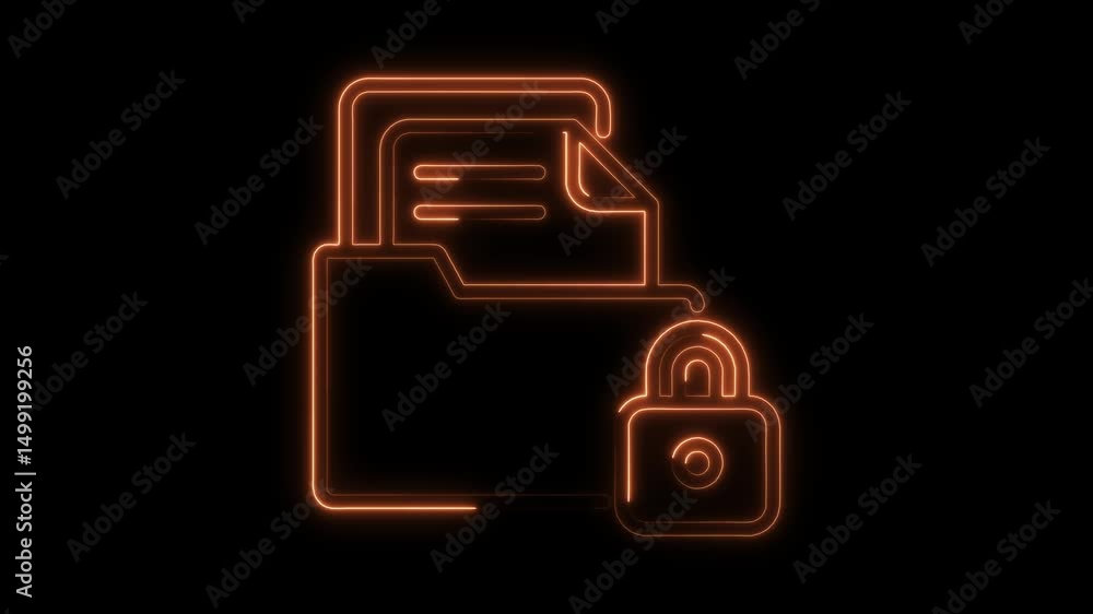 Poster folder with document and padlock security glowing neon animation on black background
