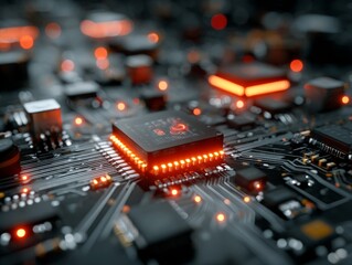 Close Up Of Illuminated Circuit Board With Central Processor