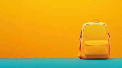Bright yellow backpack on a turquoise surface against a vibrant orange backdrop