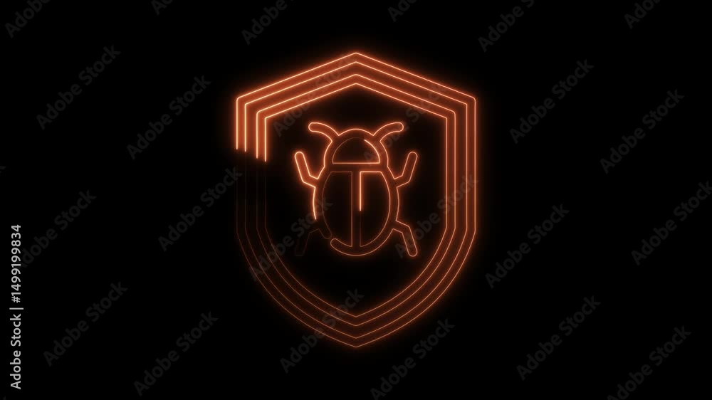 Poster cyber security concept with shield icon and bug symbol glowing with orange neon light