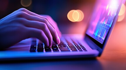Close-up of hands typing on a laptop, illuminated by colorful lights in a cozy workspace