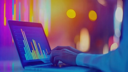 Person analyzing colorful data graphs on a laptop in a vibrant, illuminated environment