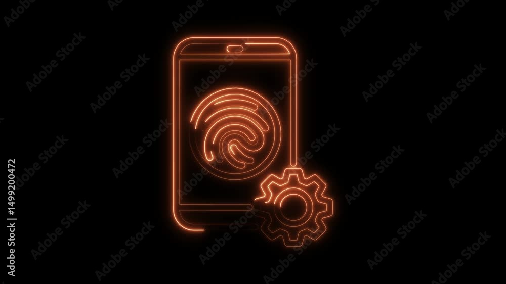 Poster biometric authentication fingerprint on smartphone device with neon glow and setting adjustment gear
