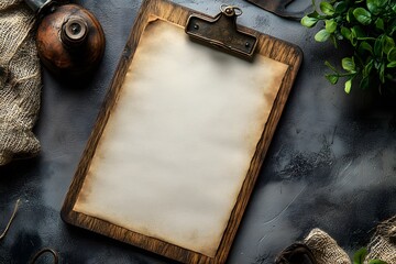 Rustic Clipboard with Aged Paper, Vintage Lantern, and Greenery
