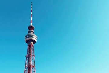 Obraz premium Tall broadcast tower against a clear blue sky Antennae and structural details visible , radio, sturdy, signal