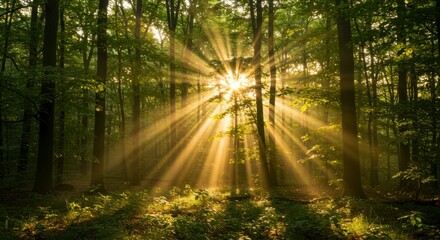 Sunlight streams through a dense forest canopy, illuminating the undergrowth