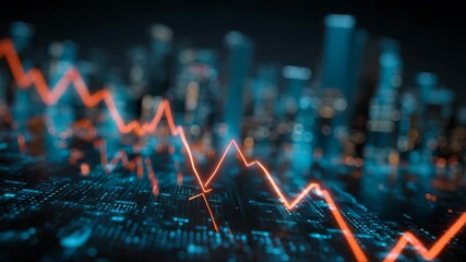 Dynamic data chart line fluctuating over blurred futuristic cityscape, financial trend animation, economic volatility, glowing neon analytics in motion, tech visualization - Powered by Adobe
