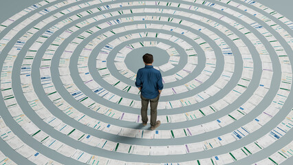 Man Standing at the Center of a Spiral of Receipts - Overwhelmed by Financial Burden and Debt, 3D Render