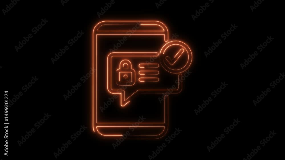 Poster mobile phone security notification with check mark and neon glow animation