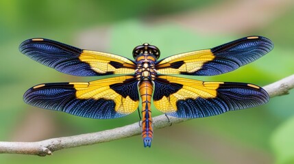 Vibrant dragonfly perched on a branch, showcasing its colorful wings against a blurred green background