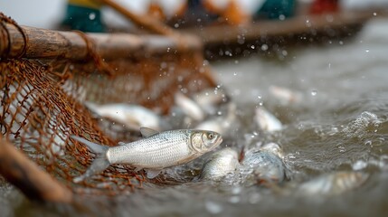 Fishing activity at a river with a net catching freshly caught fish during early morning hours