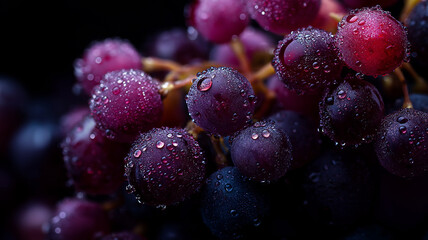 A bunch of grapes covered in dew, rich purple hue, dramatic lighting and soft focus