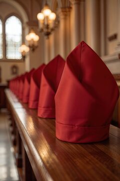 Traditional Red Zucchetti Caps Arranged on Historic Church Pew