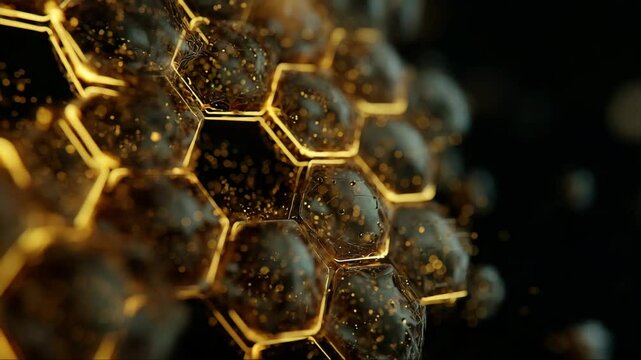 Rotating mechanical honeycomb structures with golden edges and glowing highlights, swarm intelligence inspired design, sci-fi symmetry, data flow metaphor, macro depth