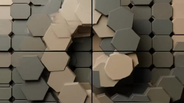 An abstract composition of interlocking hexagonal shapes in soft colors.