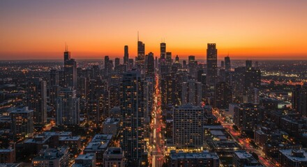 Obraz premium City skyline at sunset, illuminated buildings and streets