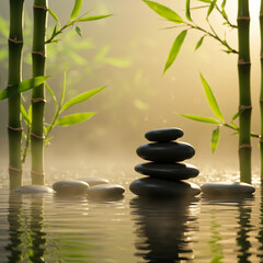 The scene is serene and peaceful, with the water reflecting the stones