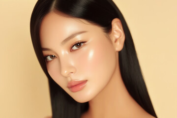 Fototapeta premium Beauty Model, Asian Woman with Sleek Black Hair in Minimal Studio Setting