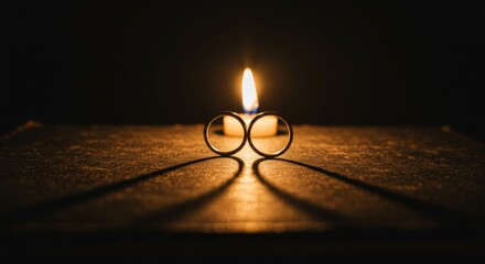Two matching gold wedding bands placed on an open book, forming a heart shape with their shadows under warm candlelight