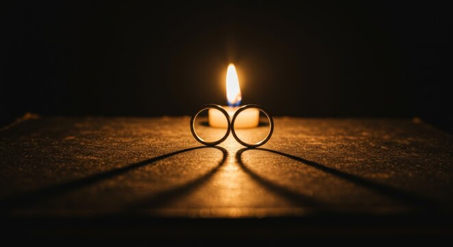 Two matching gold wedding bands placed on an open book, forming a heart shape with their shadows under warm candlelight