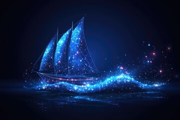 Fototapeta premium Glowing blue ship, sails of stars, navigates cosmic waves. Use for dreams, imagination, future tech, or nautical concept.