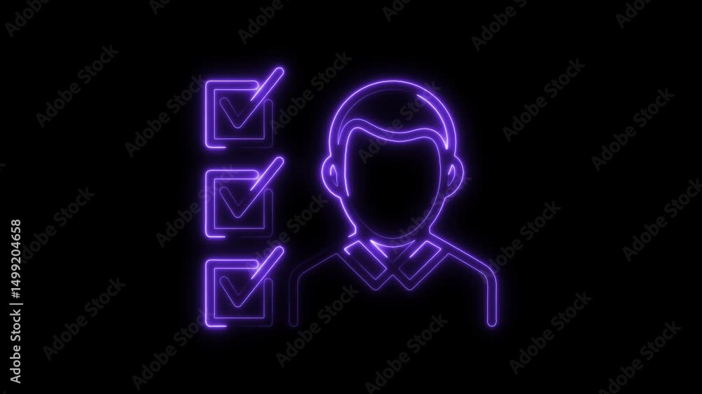 Poster neon compliance checklist with profile symbol and three checkboxes on dark background