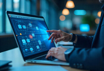Businessman analyzing a complex network diagram on a laptop computer