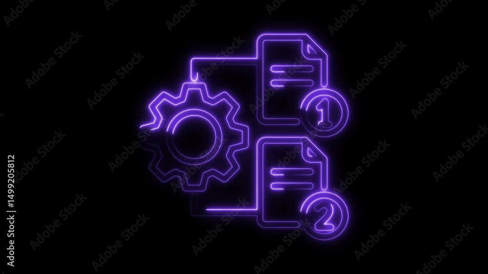 Aufkleber neon workflow automation with gear mechanism and numbered documents on black background