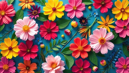 Bold floral motif arranged in a square grid; vibrant color palette , vector, art