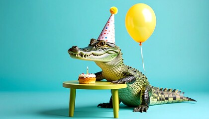 A crocodile wearing a party hat sits at a small table with a birthday cake and balloon
