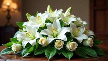 Elegant white lilies and roses in a casket spray , purity, peaceful, flowers