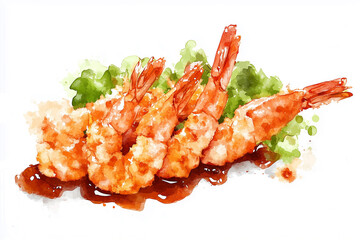 Watercolor illustration of Shrimp Tempura. Hand-painted food artwork with a vibrant, appetizing look. Ideal for culinary blogs, designs, recipe books, and restaurant brand