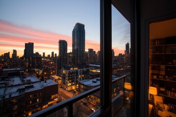 City skyline sunrise view from apartment