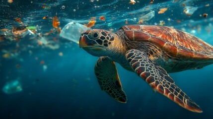 Obraz premium Sea Turtle Swimming Amidst Plastic Pollution in the Ocean